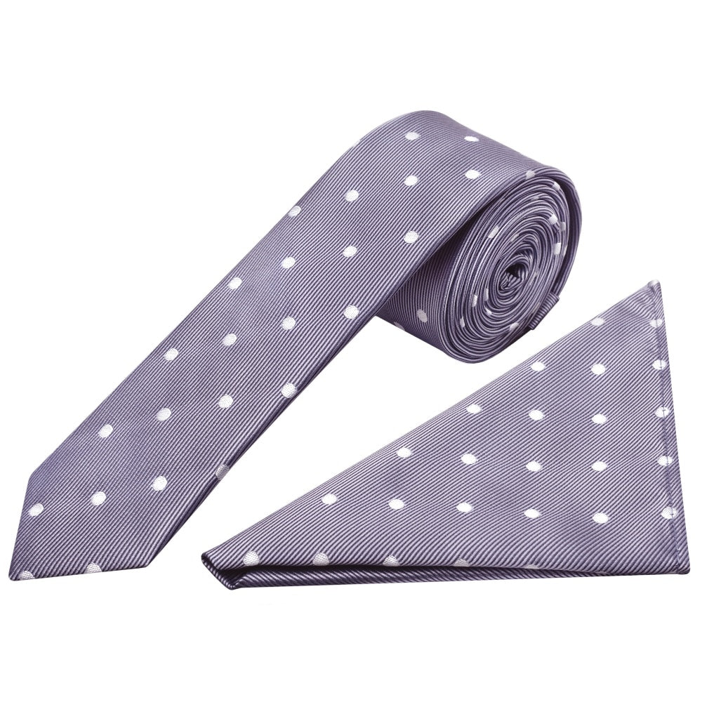Mauve Large White Spot Skinny Mens Tie And Pocket Square Set 1