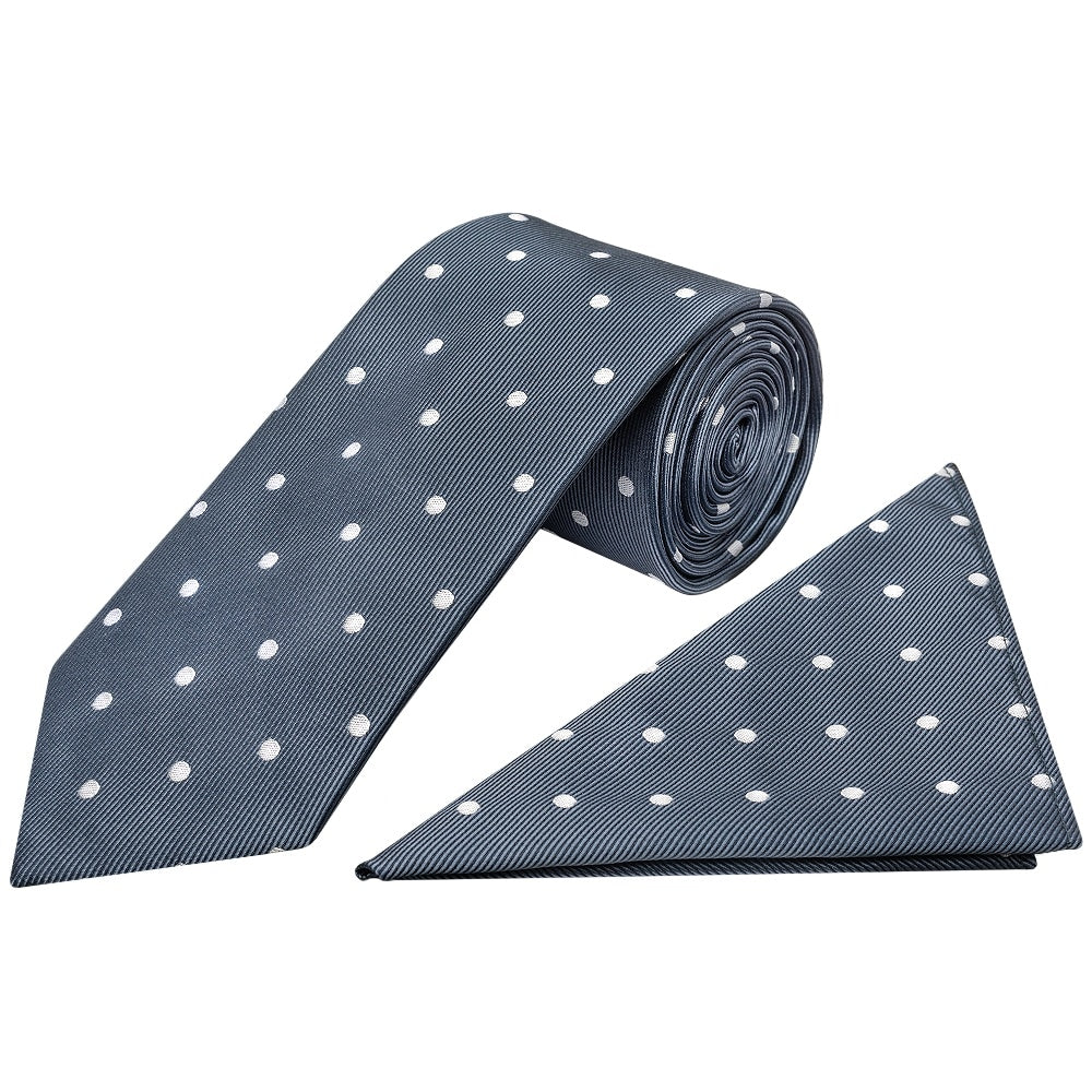 Navy Large White Spot Classic Mens Tie And Pocket Square Set 1