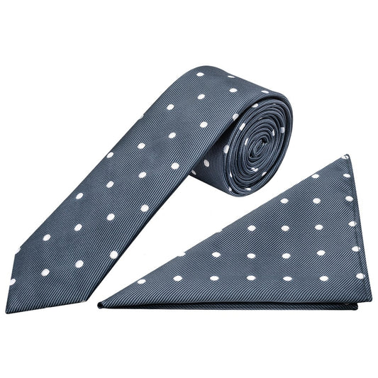Navy Large White Spot Skinny Mens Tie And Pocket Square Set 1