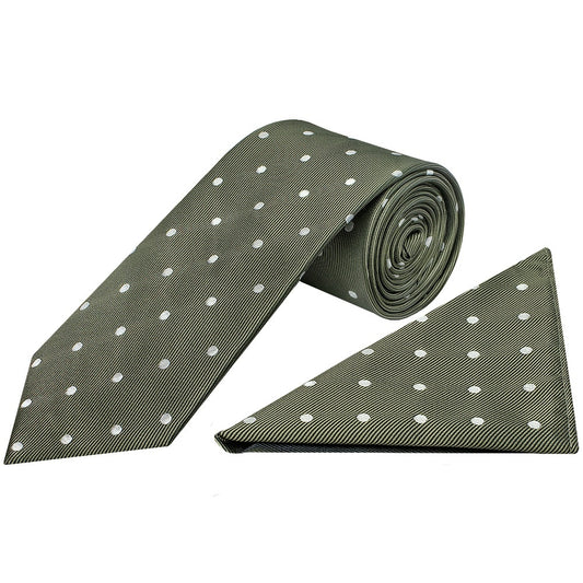 Olive Large White Spot Classic Mens Tie And Pocket Square Set 1