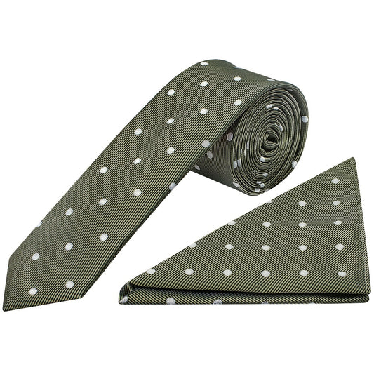 Olive Large White Spot Skinny Mens Tie And Pocket Square Set 1