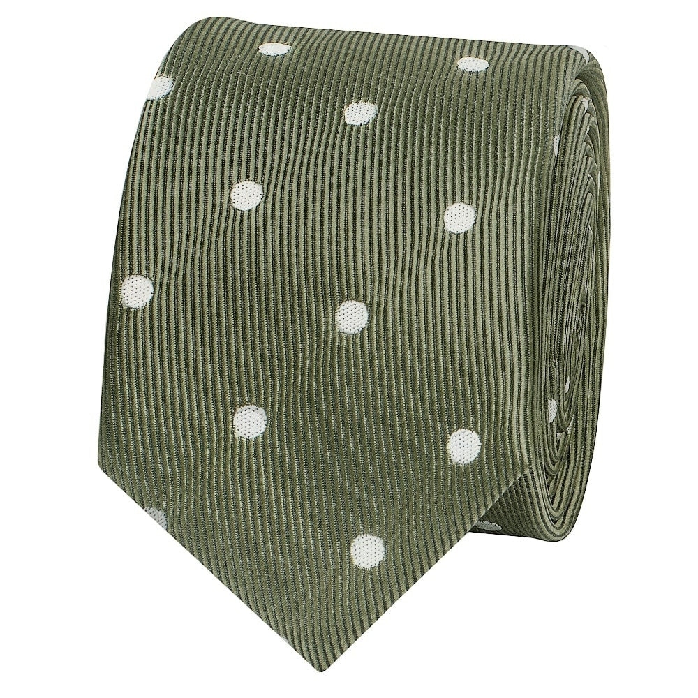 Olive Large White Spot Skinny Mens Tie And Pocket Square Set 3