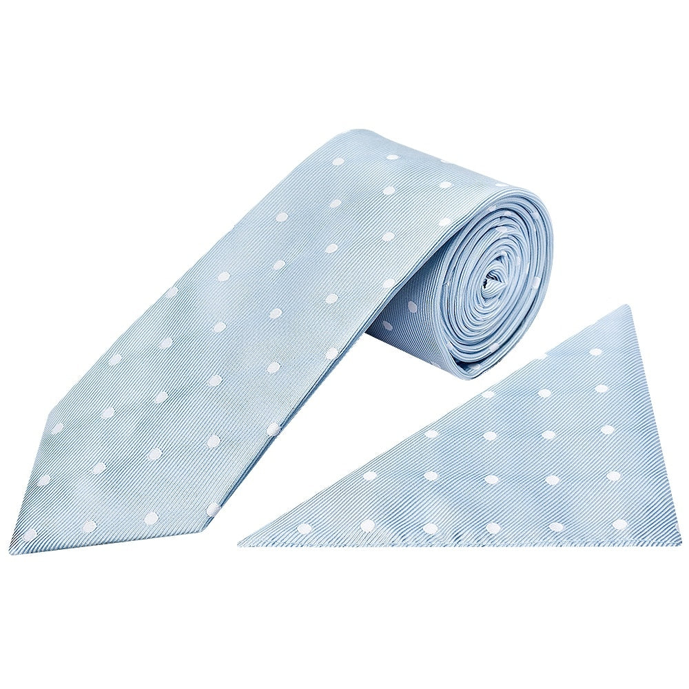 Light Blue Large White Spot Classic Mens Tie And Pocket Square Set 1