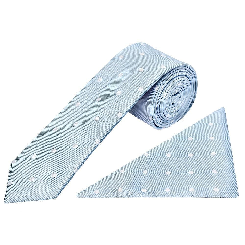 Light Blue Large White Spot Skinny Mens Tie And Pocket Square Set 1