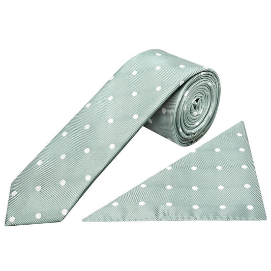 Light Green Large White Spot Skinny Mens Tie And Pocket Square Set 1