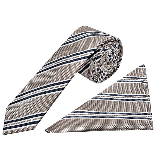 Silver Twin Stripe Skinny Mens Tie And Pocket Square Set 1