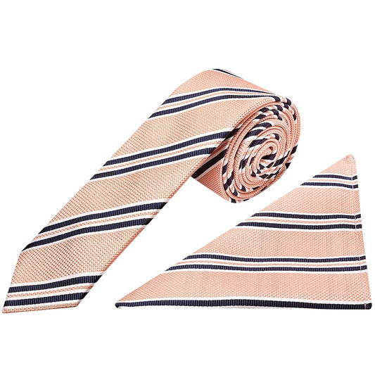 Pink Twin Stripe Skinny Mens Tie And Pocket Square Set 1