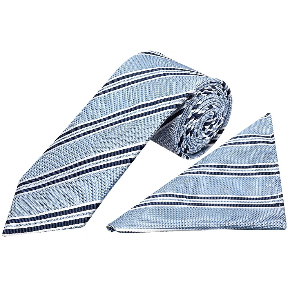 Blue Twin Stripe Classic Mens Tie And Pocket Square Set 1