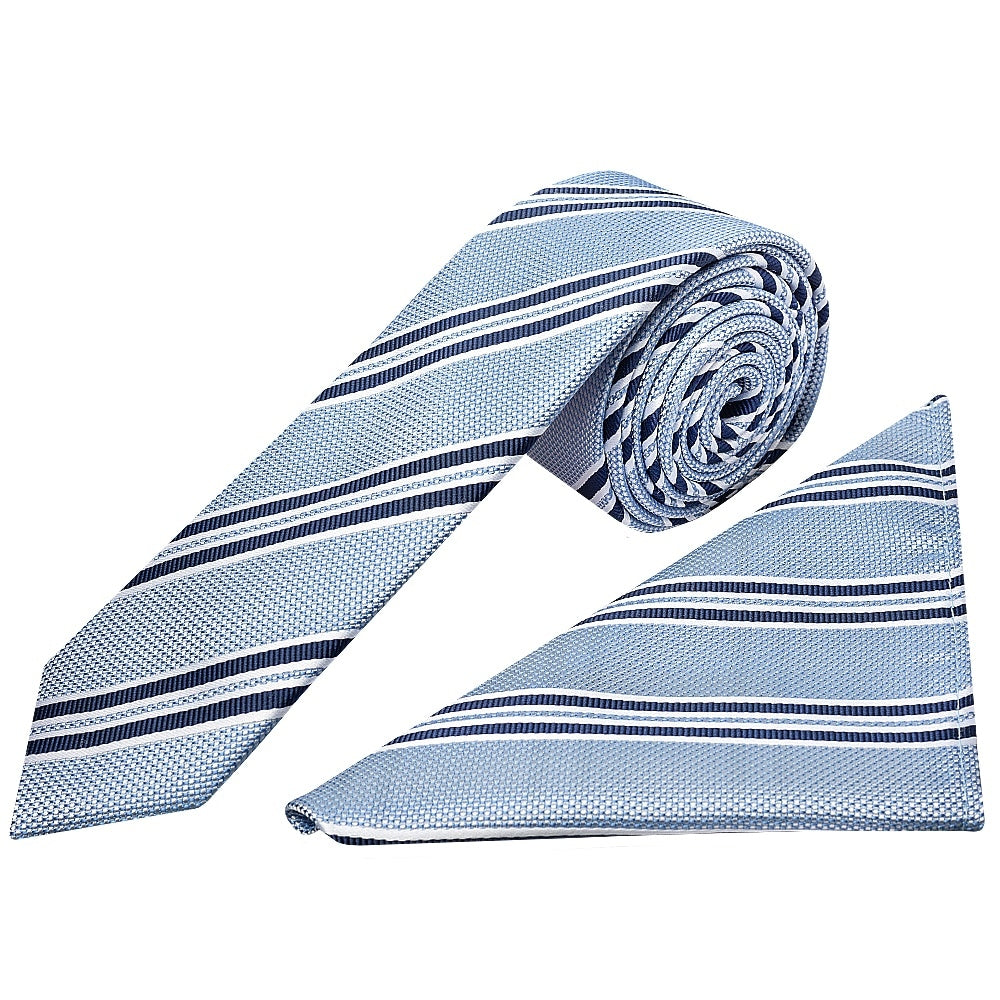 Blue Twin Stripe Skinny Mens Tie And Pocket Square Set 1