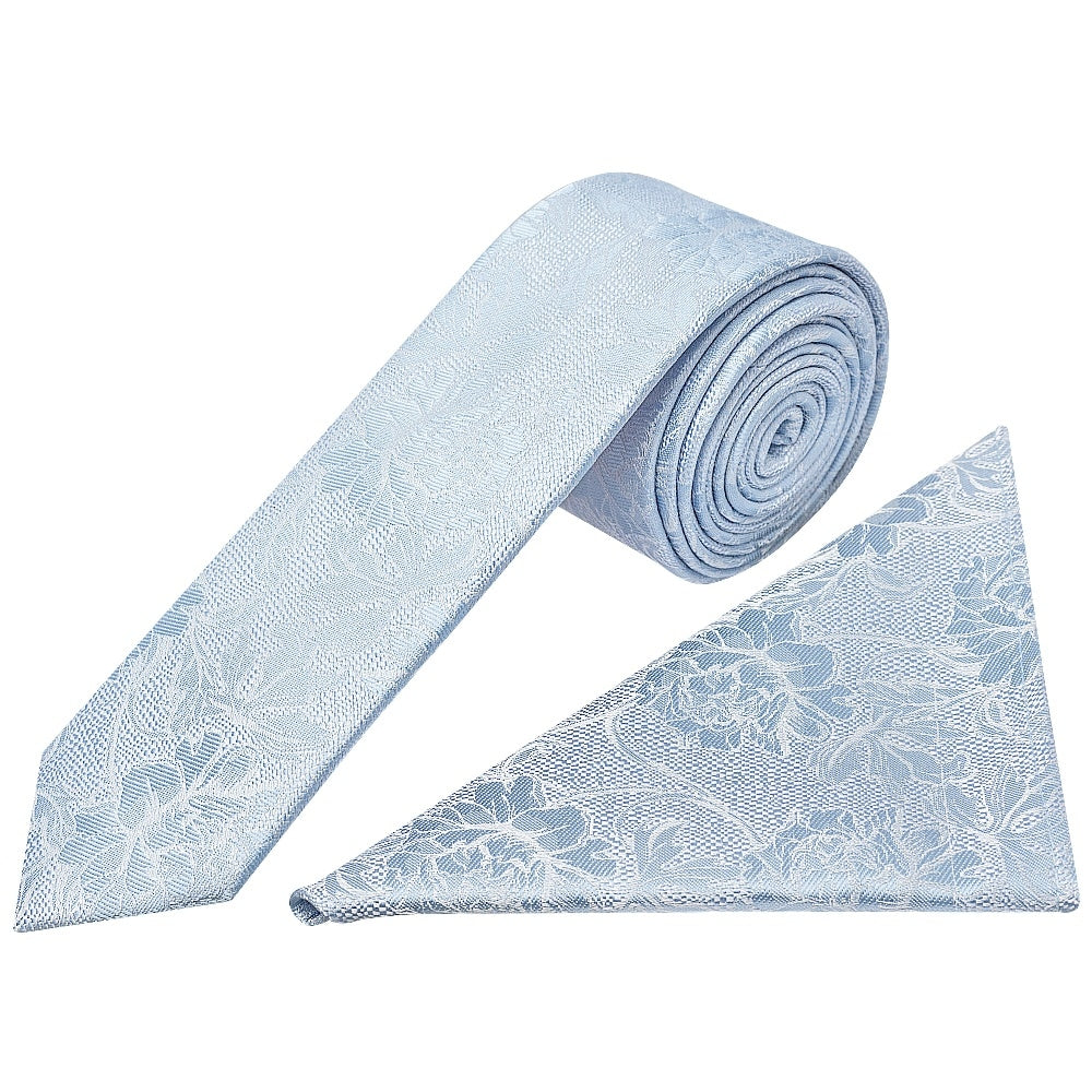 Blue Flower Skinny Mens Tie And Pocket Square Set 1