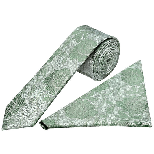 Green Flower Skinny Mens Tie And Pocket Square Set 1
