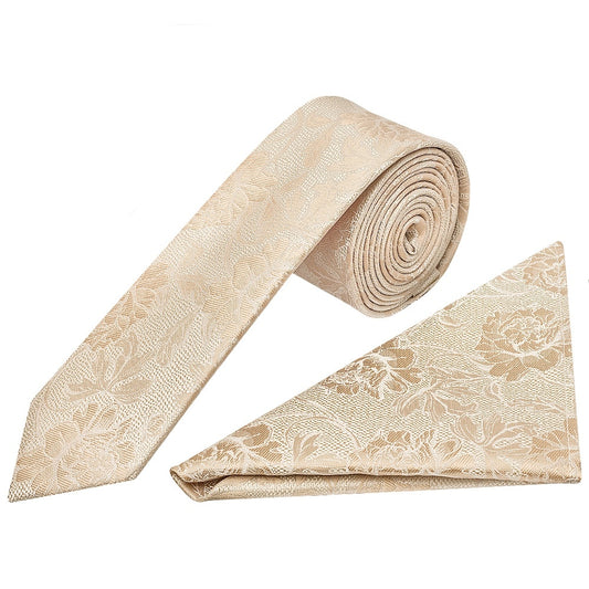 Gold Flower Skinny Mens Tie And Pocket Square Set 1