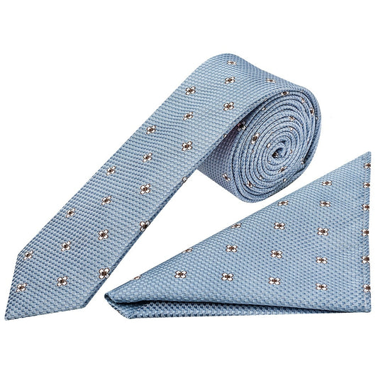 Blue Petal Skinny Mens Tie And Pocket Square Set 1