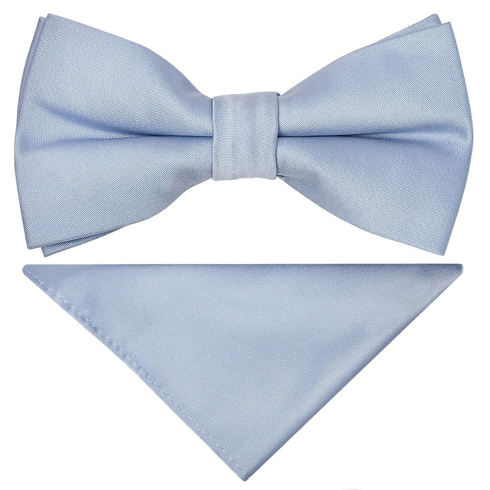 Pre Tied Plain Dusty Blue Satin Boys Bow Tie and Pocket Square Set Age 8-11