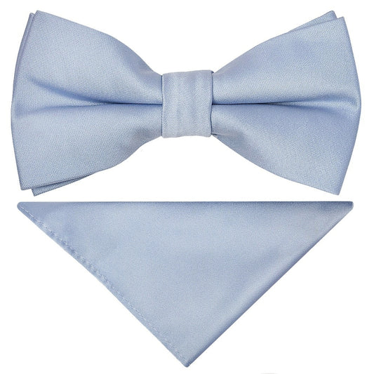 Pre Tied Plain Dusty Blue Satin Boys Bow Tie and Pocket Square Set Age 8-11
