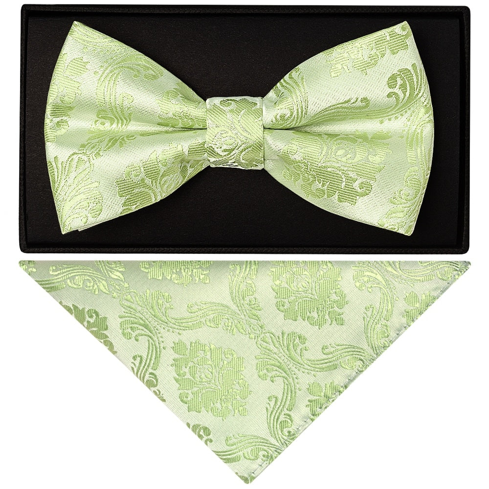 Sage Green Paisley Handmade Mens Bow Tie And Pocket Square 1