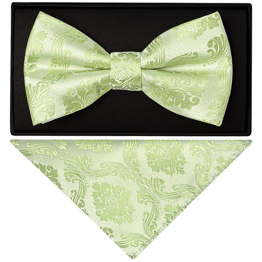 Sage Green Paisley Handmade Mens Bow Tie And Pocket Square 1