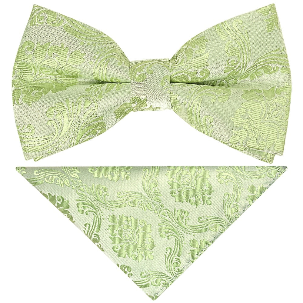 Pre Tied Sage Green Paisley Boys Bow Tie And Pocket Square 1