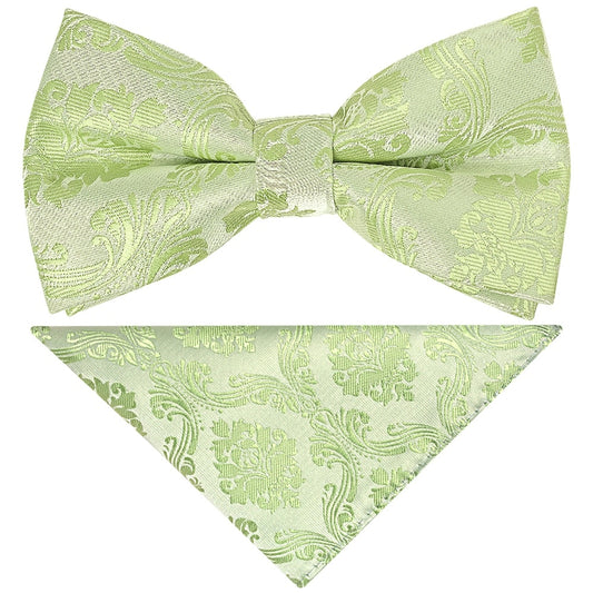 Pre Tied Sage Green Paisley Boys Bow Tie And Pocket Square Set Age 4 7 1