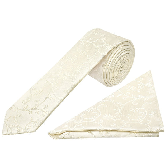 Ivory Floral Skinny Boys Tie And Pocket Square Set 1