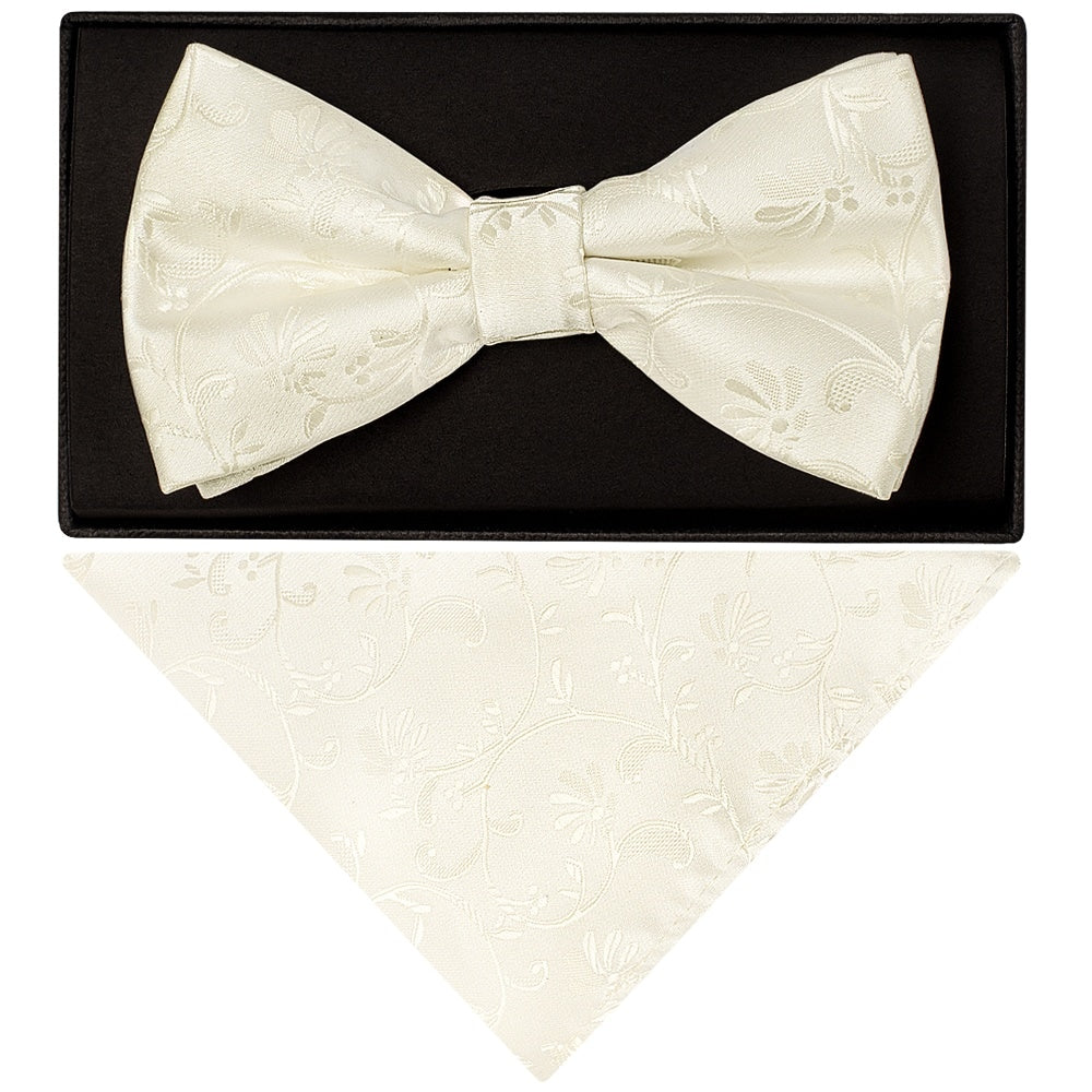 Ivory Floral Handmade Mens Bow Tie and Pocket Square Set