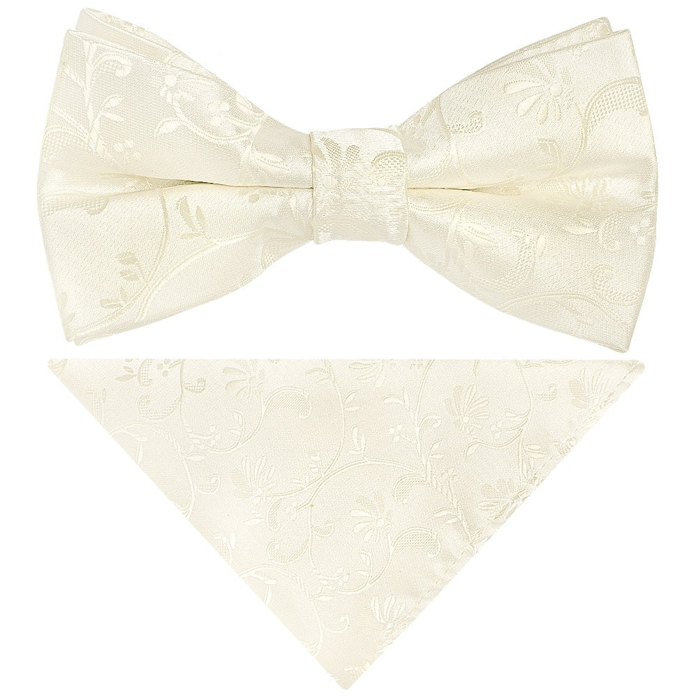 Pre Tied Ivory Floral Boys Bow Tie And Pocket Square Set Age 4 7 1