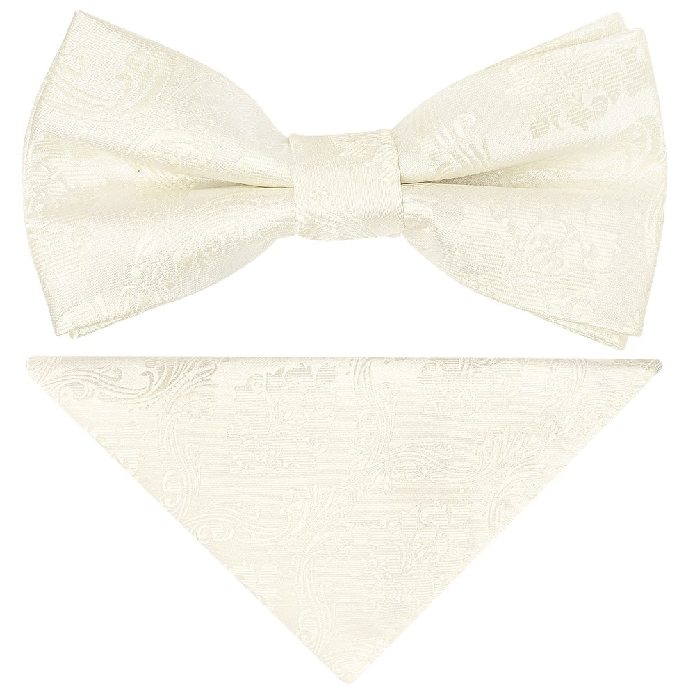 Pre Tied Ivory Paisley Boys Bow Tie And Pocket Square Set Age 4 7 1