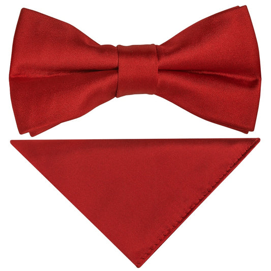 Pre Tied Scarlet Red Satin Boys Bow Tie And Pocket Square Set 1
