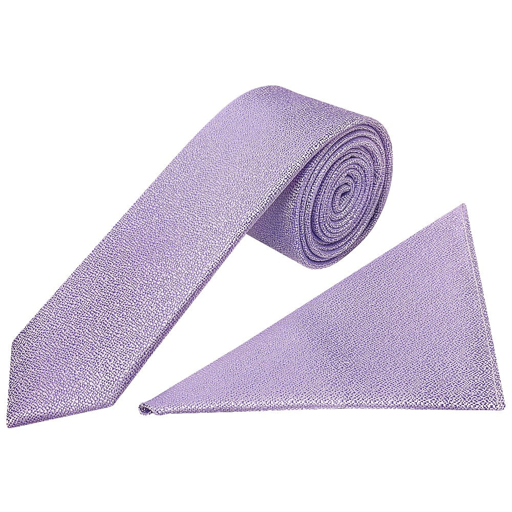 Plain Purple Textured Silk Skinny Mens Tie And Pocket Square Set 1