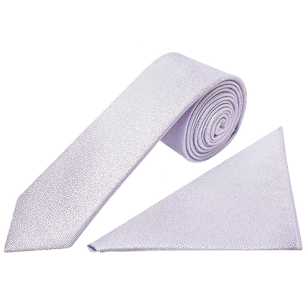 Plain Lilac Textured Silk Skinny Mens Tie And Pocket Square Set 1