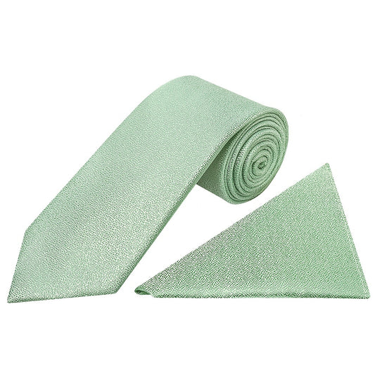Plain Green Textured Silk Classic Mens Tie And Pocket Square Set 1