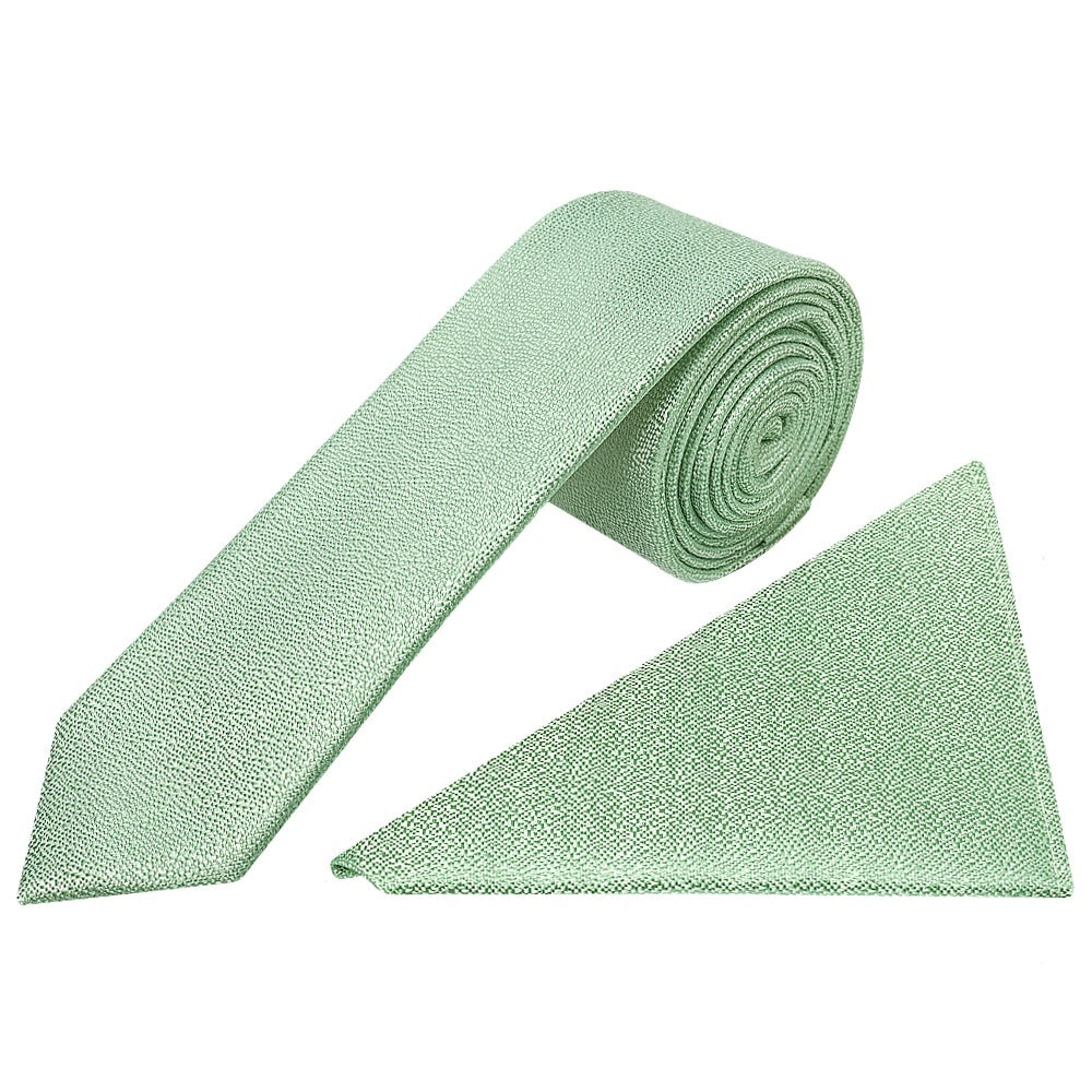 Plain Green Textured Silk Skinny Mens Tie And Pocket Square Set 1