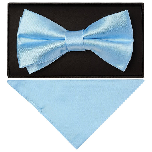 Plain Sky Blue Handmade Mens Bow Tie And Pocket Square Set 1