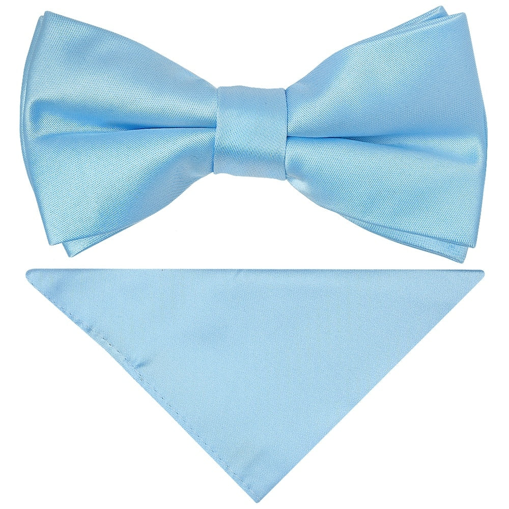 Pre Tied Sky Blue Satin Boys Bow Tie And Pocket Square Set 1