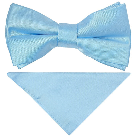 Pre Tied Sky Blue Satin Boys Bow Tie And Pocket Square Set 1