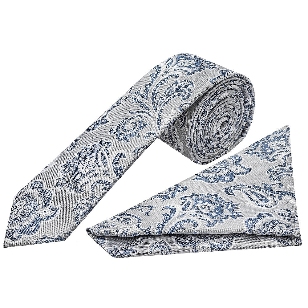 Silver And Blue Paisley Skinny Mens Tie And Pocket Square Set 1