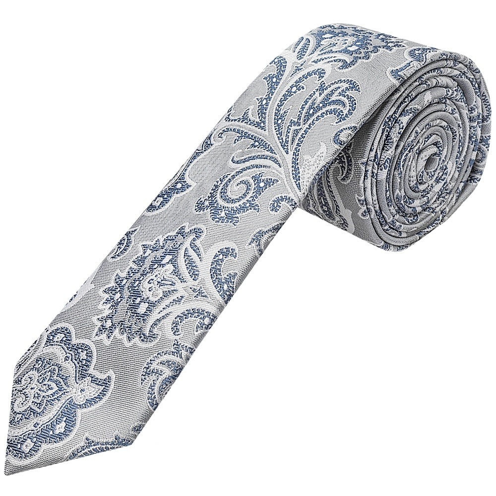 Silver And Blue Paisley Skinny Mens Tie And Pocket Square Set 2