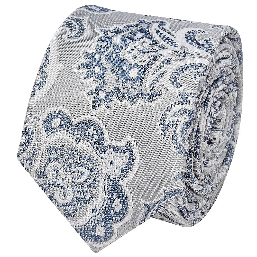 Silver And Blue Paisley Skinny Mens Tie And Pocket Square Set 3