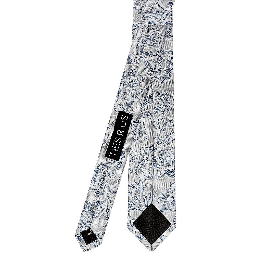 Silver And Blue Paisley Skinny Mens Tie And Pocket Square Set 4