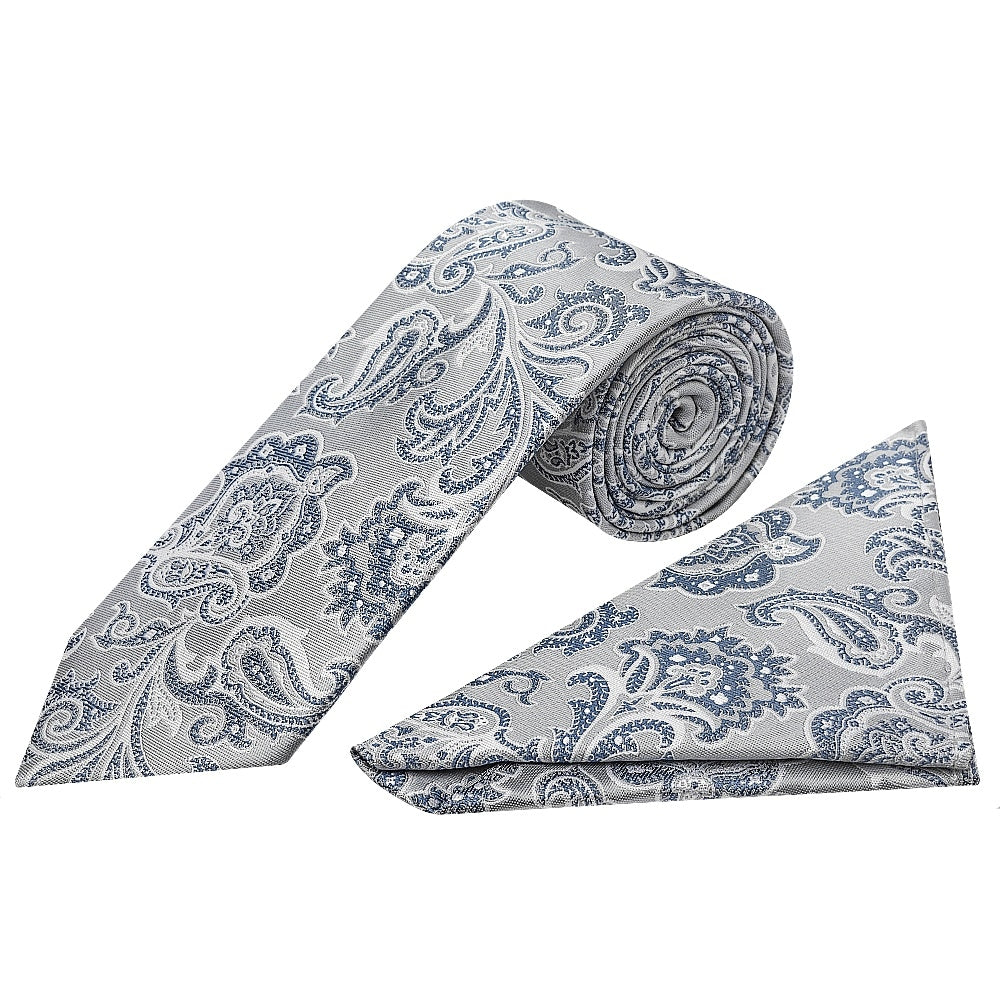 Silver And Blue Paisley Classic Mens Tie And Pocket Square Set 1