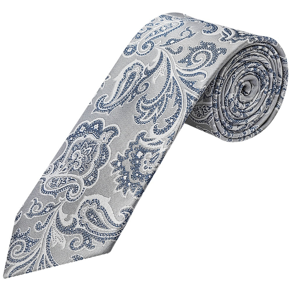 Silver And Blue Paisley Classic Mens Tie And Pocket Square Set 2
