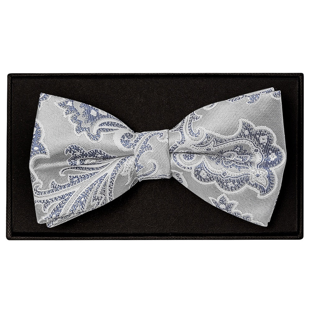 Silver And Blue Paisley Handmade Mens Bow Tie 1