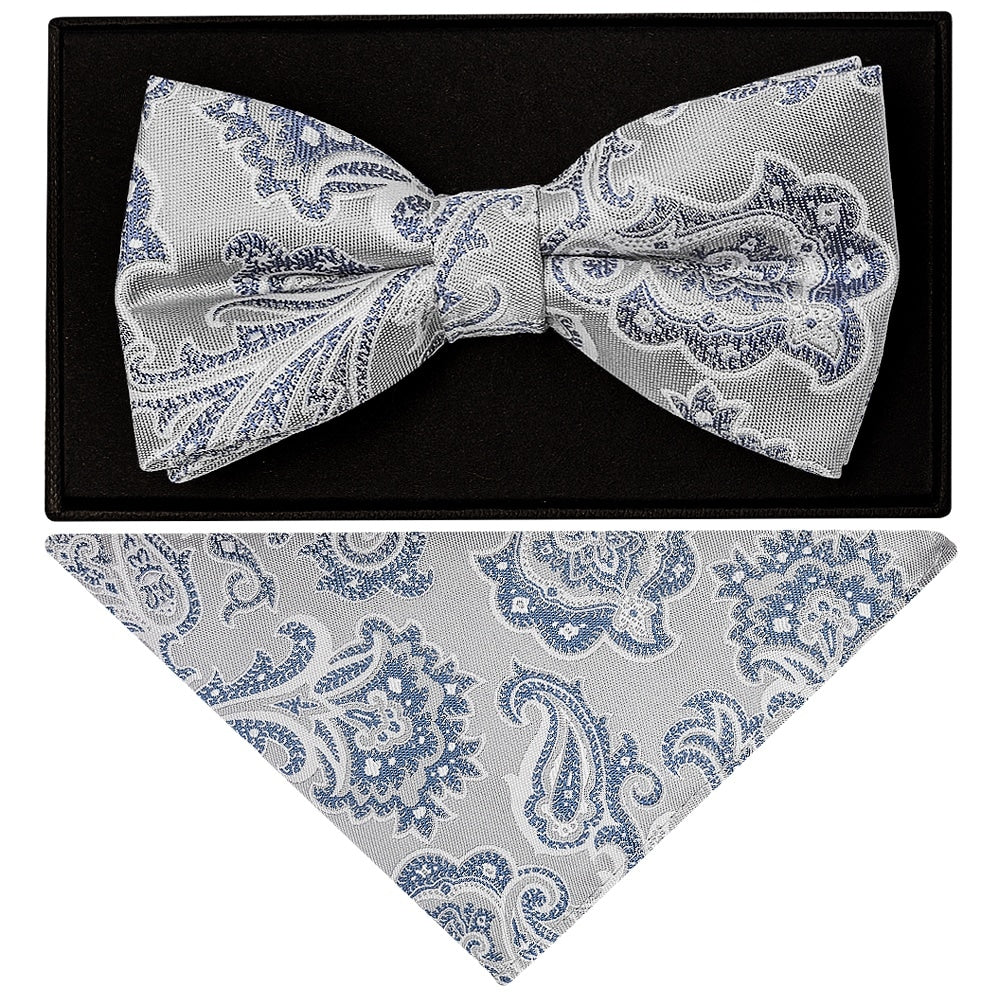 Silver And Blue Paisley Handmade Mens Bow Tie And Pocket Square Set 1
