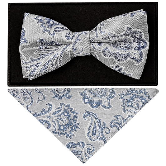 Silver And Blue Paisley Handmade Mens Bow Tie And Pocket Square Set 1