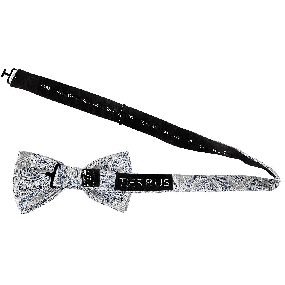 Silver And Blue Paisley Handmade Mens Bow Tie And Pocket Square Set 3