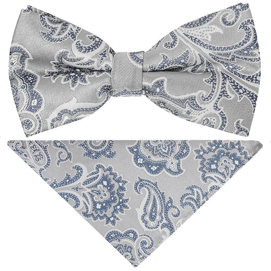 Pre Tied Silver And Blue Paisley Boys Bow Tie And Pocket Square Set 1