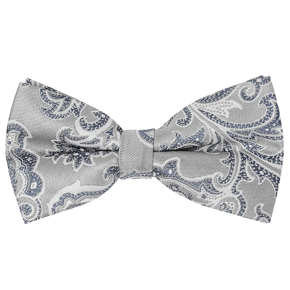 Pre Tied Silver And Blue Paisley Boys Bow Tie And Pocket Square Set 2