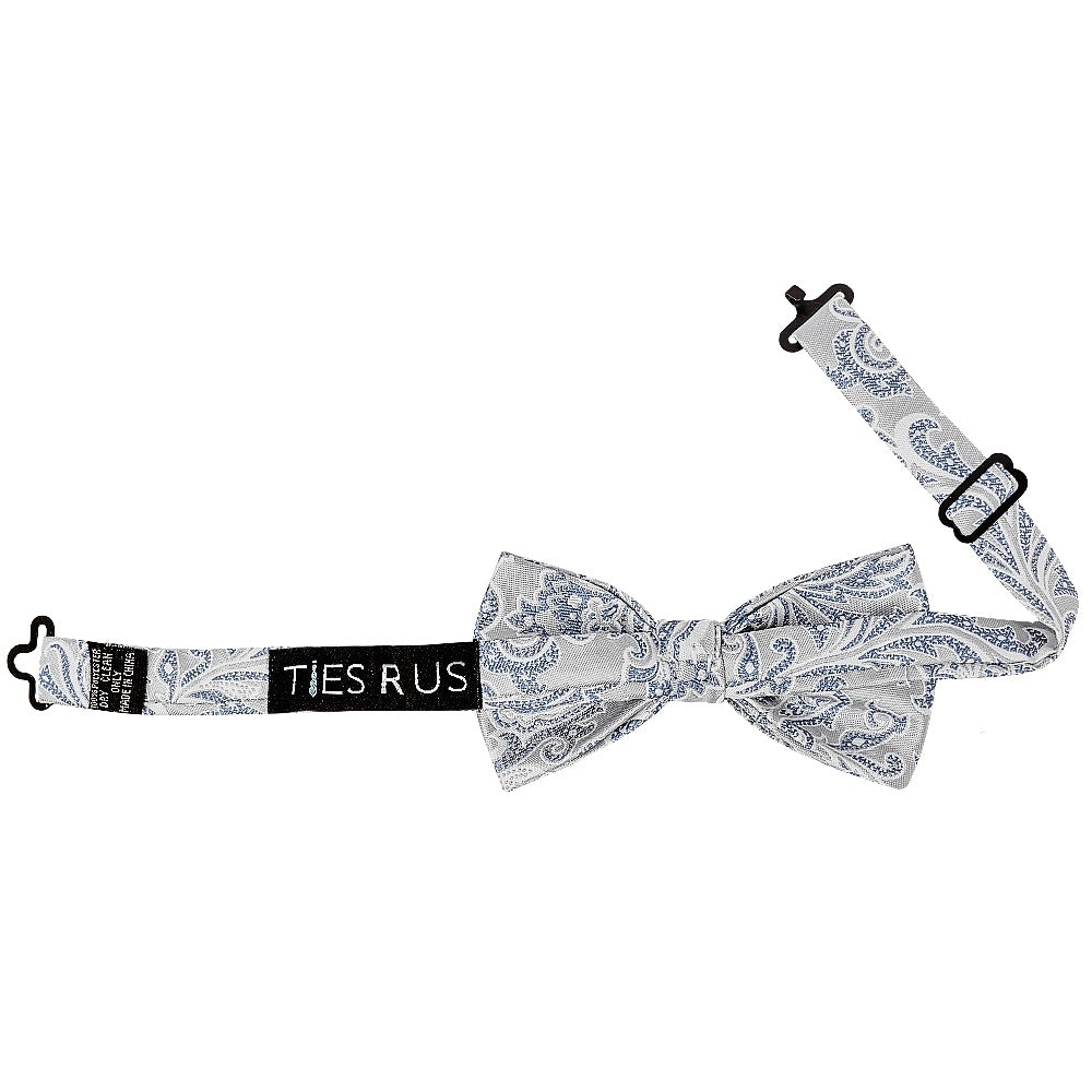 Pre Tied Silver And Blue Paisley Boys Bow Tie And Pocket Square Set 3