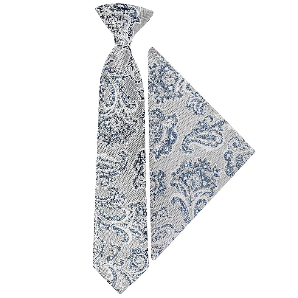 Pre Tied Silver And Blue Paisley Boys Tie And Pocket Square Set Age 4 7 1