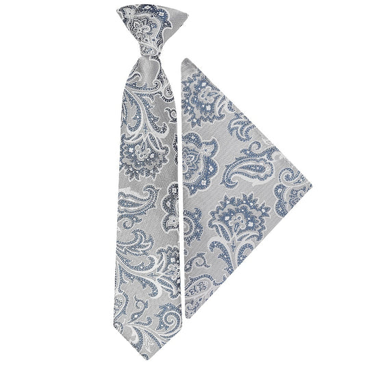 Pre Tied Silver And Blue Paisley Boys Tie And Pocket Square Set Age 4 7 1